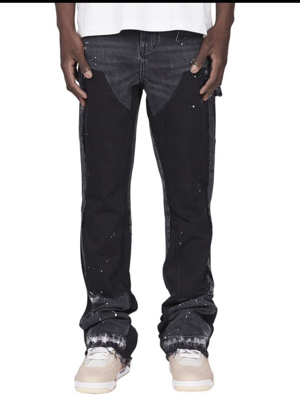 Black Chap-Style Paneled Paint Splatter Flare Jeans